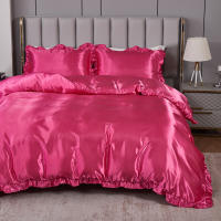 Set De Edredón Satinado 3PCS Rosa Y Rosa Claro Seda Suave Con Volante Patrón De Lujo Colchón Funda De Edredón Moderno Para Cama - details 1