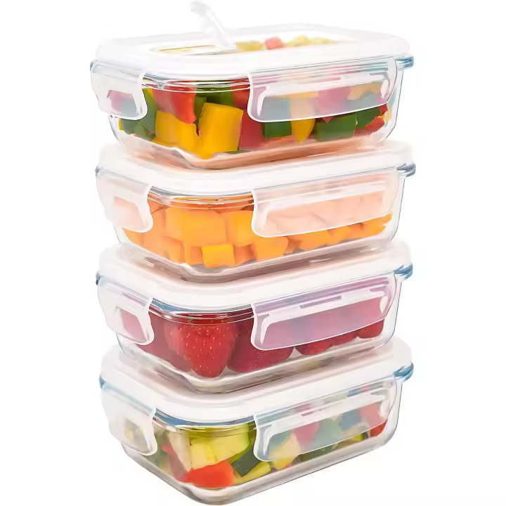 Pack 4 Tupper de Cristal 360 ml. Cierre Hermético. Con válvula. Tuppers Aptos para Microondas, Horno y Lavavajillas - 1