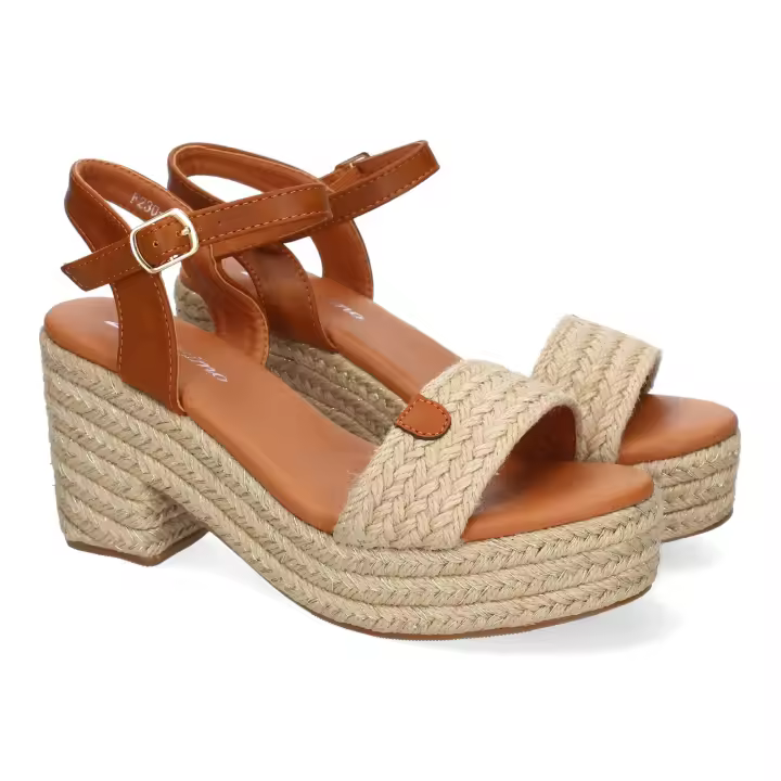 PuntoSalao Sandalias de tacón y plataforma en yute hebilla para mujer color beige F230-13 - 1