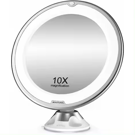 BIT Espejo de maquillaje, aumento de 10 aumentos con LED blanco de luz diurna, espejo de baño iluminado portátil, rotación giratoria de 360 grados y succión con cerradura |PARA - 1