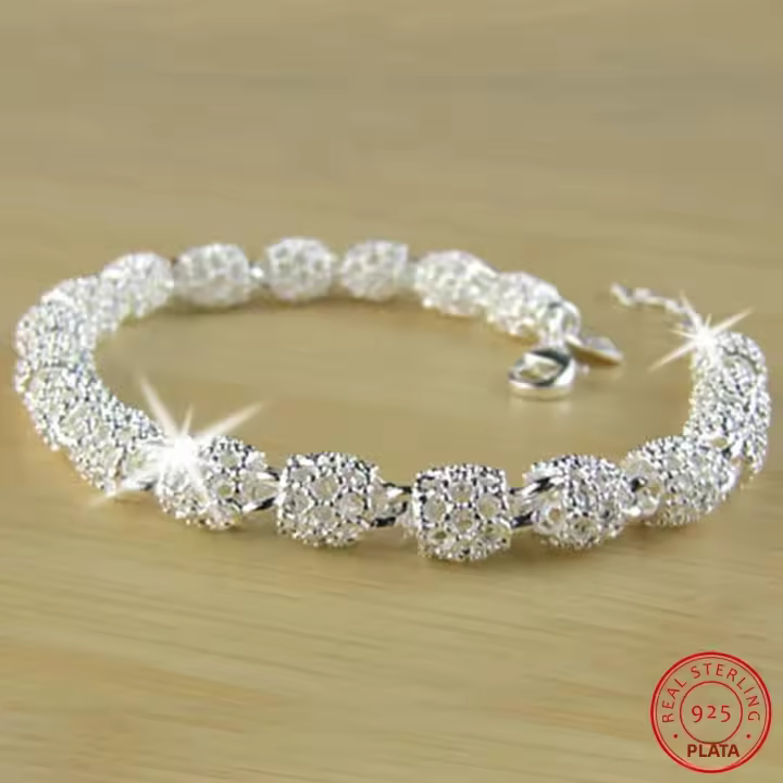 Pulsera de encanto de flores en plata 925 para mujer con bola hueca ajustable joyería de boda y fiesta regalo - 1