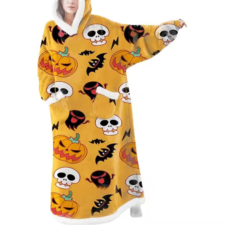 Conjunto de Halloween y manta para mujer, vestido con capucha, suéter de calabaza, ropa de estar de gran tamaño con bolsillos - 1