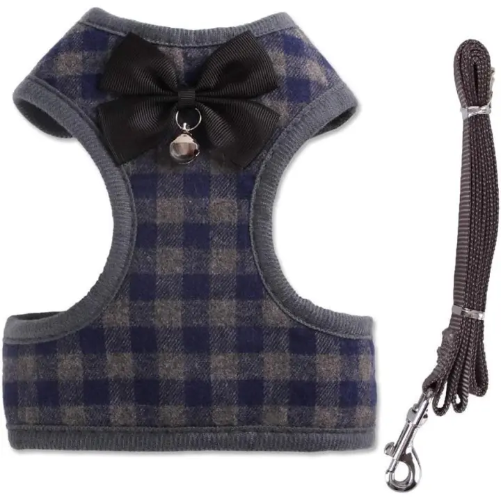 Arnés para mascotas + correa para mascotas-Classic Plaid Kitty Lead Rope Puppy Harness Set para perros pequeños gatos grandes (L, Blue Plaid) - 1