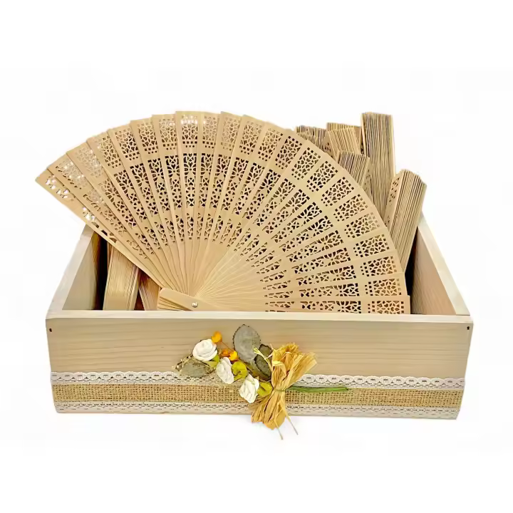 Lote de 50 abanicos de madera de sándalo de 20 cm en caja de madera decorada - regalos para invitados de boda, comuniones, bautizos, aniversarios, Detalles de boda y regalos de celebración para eventos - 1