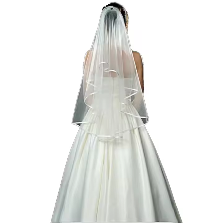 Velo De Novia En Blanco O Blanco Con Borde De Cinta 2 Capas Cascada Centro Con Peine Para Fiesta De Soltera - 1