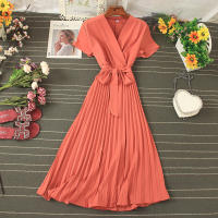 Nuevo Vestido De Verano 2026 Para Mujer Estilo Casual Con Cuello En V Manga Corta Lace up Pleated Chiffon Vestido De Cintura Alta - details 7