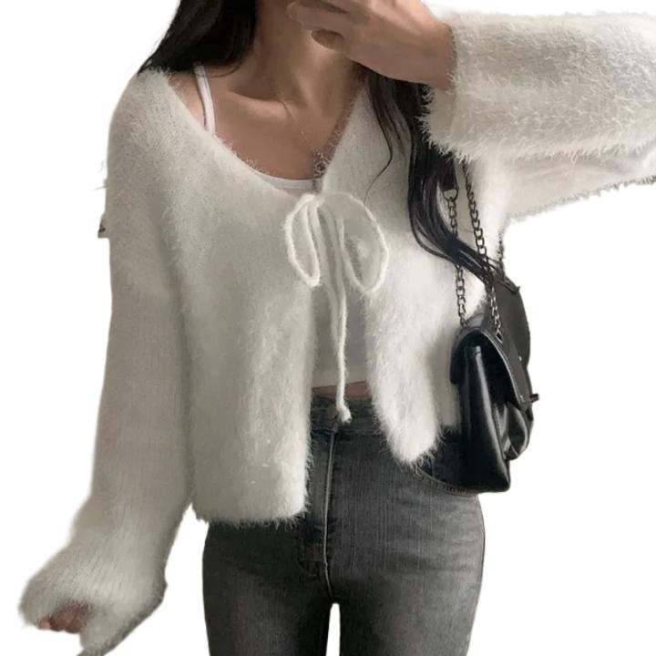 Cardigan Corto De Punto Grueso Para Mujer Y Adolescentes Con Lazo Delantero Manga Larga Estilo Y2K Fairycore Otoño Invierno