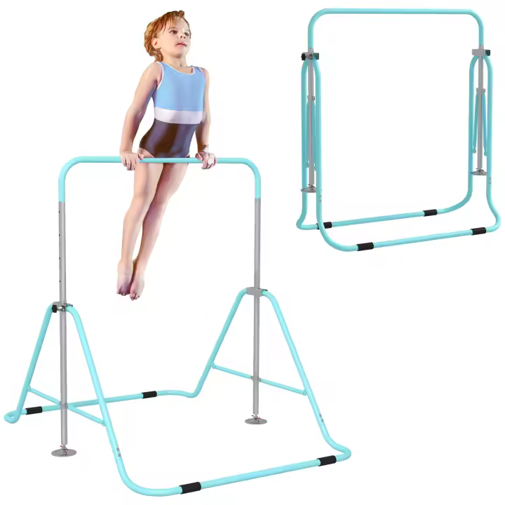 HOMCOM Barra Fija de Gimnasia Infantil Plegable - Altura Regulable de 88 a 128 cm - con Base Triangular de Acero - Verde - 1