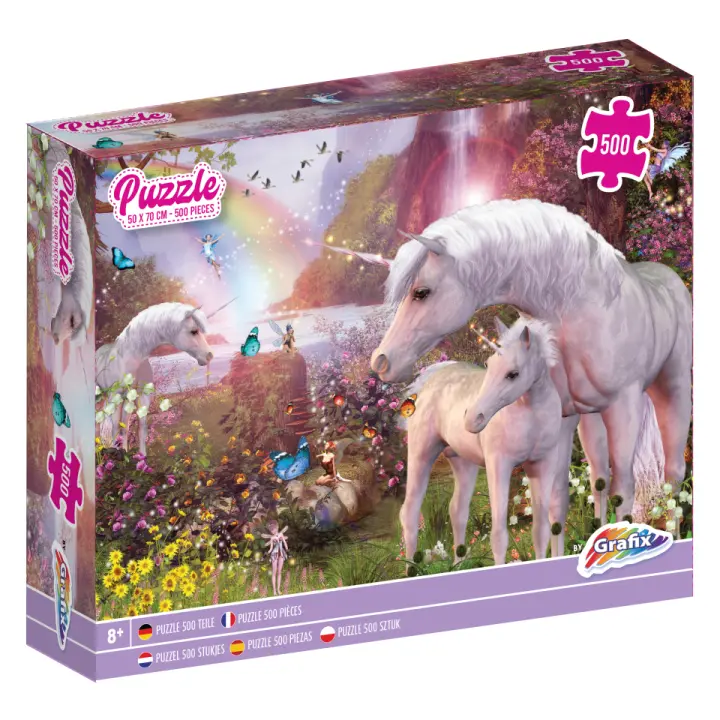 Puzzle 500 pcs unicornios y hadas.  niños mayores 8 años. 50 x 70 cm. Grafix. - 1