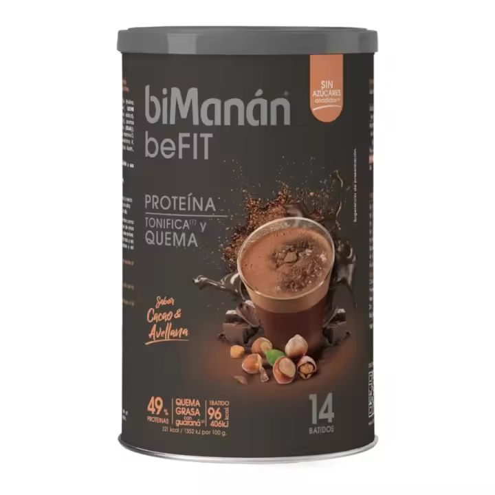 biManán Batido de Proteína Sabor Cacao y Avellanas, Contiene un 49% de Proteína y  14.7g por Porción, Formulado con Guaraná, Fibra, Ácido Fólico, Vitaminas y Minerales Tonifica y Aumenta Masa Muscular  420 g, 14 Batidos - 1