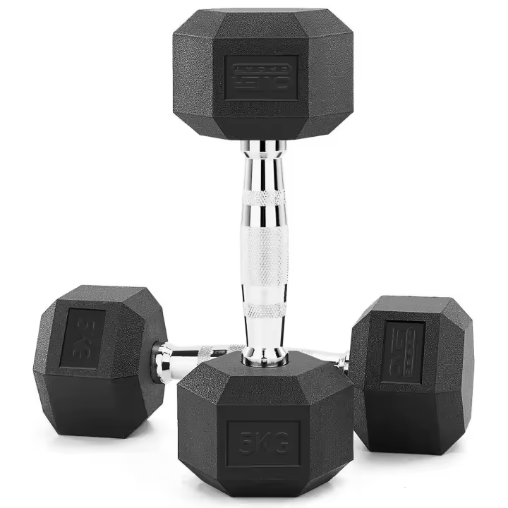 OVER SPORT Mancuernas 5x2 Kg Hexagonales ergonómicas con empuñadura de cromo y revestimiento de caucho, para Hacer Deporte en casa. Pesas 5 x 2 Kilos. - 1