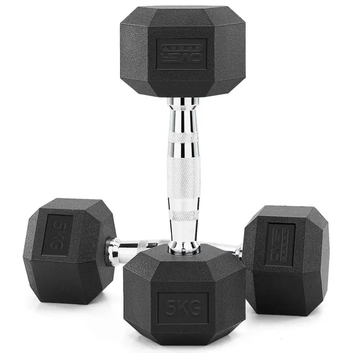 OVER SPORT Mancuernas 5x2 Kg Hexagonales ergonómicas con empuñadura de cromo y revestimiento de caucho, para Hacer Deporte en casa. Pesas 5 x 2 Kilos. - 1