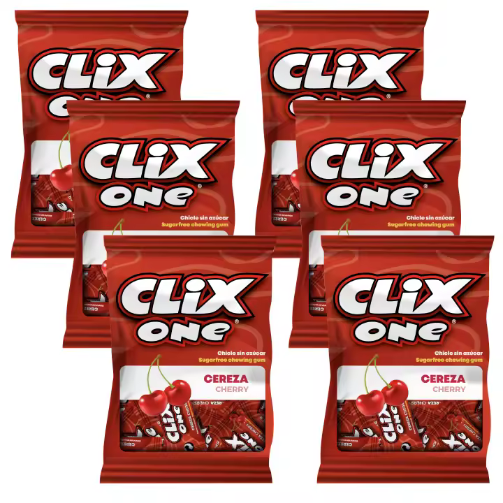 Clix One - Pack de 6 bolsas de 20 chicles - Chicles sin azúcar, sin gluten, sin lactosa - sabor a cereza - 1