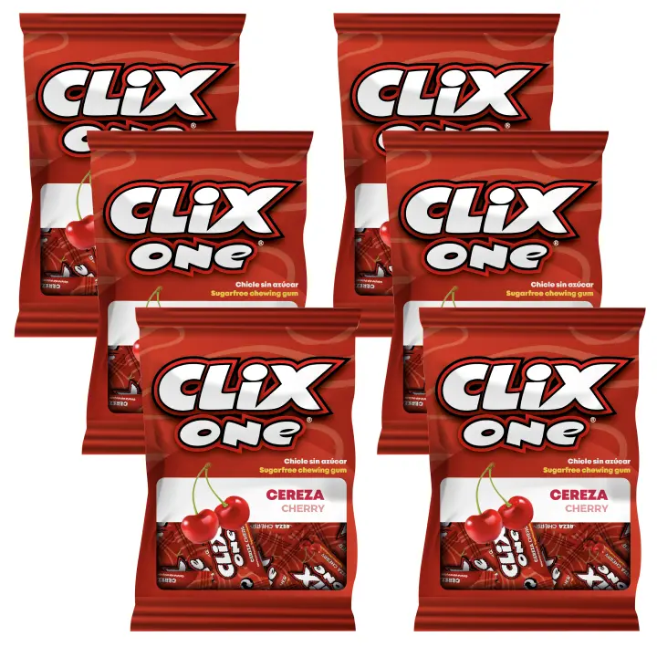 Clix One - Pack de 6 bolsas de 20 chicles - Chicles sin azúcar, sin gluten, sin lactosa - sabor a cereza - 1