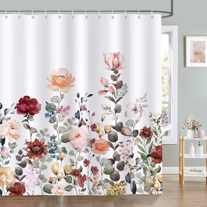 Cortina de Ducha Flores Hojas Plantas Cortina de Baño de Poliéster Impermeable Antimoho Lavable Cortina Ducha 180 x 180 cm con 12 Ganchos - 1