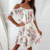 Vestido Bohemio De Verano Para Mujer Con Estampado Floral Chiffón Sin Mangas Cuello En V Camisola A-Line De Rodilla Estilo Comercial - details 2