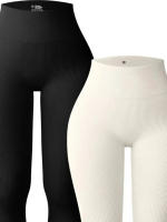 Pantalones Deportivos De Mujer En Color Sólido Cintura Alta Elástica Leggings De Fitness Sin Costuras Ajuste De Cadera - details 7