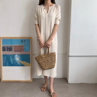 Vestido Largo De Verano Para Mujer REALEFT Estilo Coreano Casual Suelto Con Cuello En V Manga Larga Color Sólido Vestido Midi - details 2