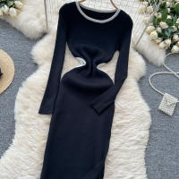 Vestido De Punto Para Mujer REALEFT Otoño Invierno Con Abertura Lateral Y Cuello Redondo Manga Larga Solido Vestido Recto De Oficina - details 5