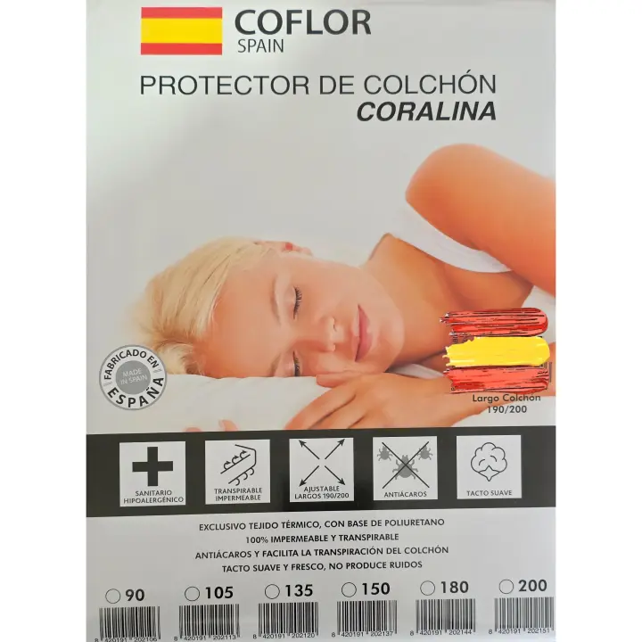 🇪🇸 ANGAMA TEXTIL® - COFLOR SPAIN® - Protector Colchón Impermeable y Transpirable de Rizo, Coralina, Lavable, Elástico, Ajustable 30cm altura, 🔇 silencioso, Super Absorbente Tamaños de cama 80cm 90cm 105cm 135cm 150cm largos validos 190/200cm - 1