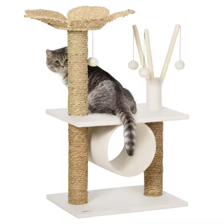 PawHut Árbol Rascador para Gatos Mediano Altura 91 cm Torre para Gatos con Cama Forma de Flor Plataforma Postes Rascadores Túnel y Bolas Colgantes 56x40x91 cm Blanco y Marrón - 1