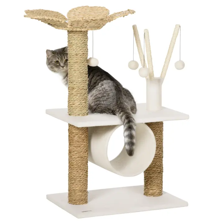 PawHut Árbol Rascador para Gatos Mediano Altura 91 cm Torre para Gatos con Cama Forma de Flor Plataforma Postes Rascadores Túnel y Bolas Colgantes 56x40x91 cm Blanco y Marrón - 1