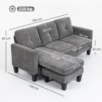HOMCOM Sofá Chaise Longue Reversible, Sofá de 3 Plazas en Forma de L, Tapizado en Chenilla, Asiento y Respaldo Acolchados, Estructura de Acero, 186x130x84 cm, Gris Oscuro - details 2