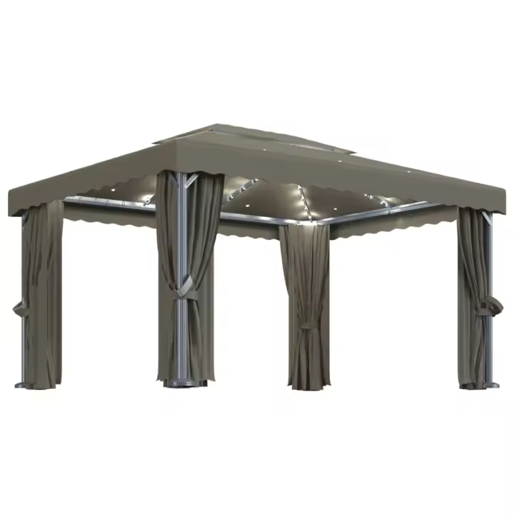vidaXL Cenador con cortina y tira de luces LED aluminio taupé 4x3 m - 1