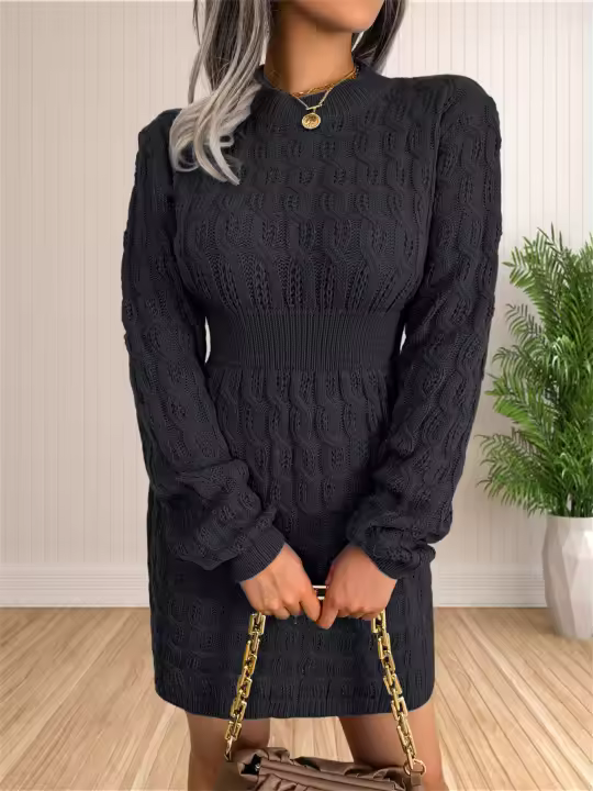 Vestido De Suéter De Punto Para Mujer De Color Sólido Con Manga Larga Y Cuello Redondo Ajustado Casual De Otoño E Invierno - 1
