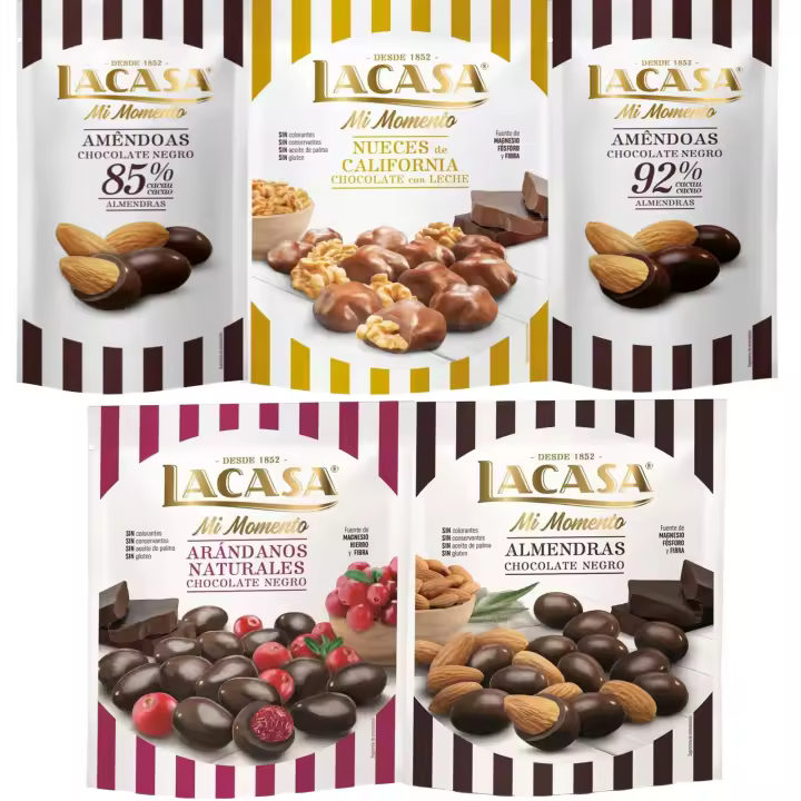 Lacasa Mi Momento pack de 5:Almendra 92% ,Almendra 85% ,Arándano Chocolate Negro ,Nueces Chocolate Leche ,Almendra Chocolate Negro - 1