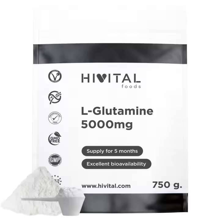 L-Glutamina 5000 mg para 5 meses de tratamiento. 750 gramos del Aminoácido Glutamina, 100% Vegano, en Polvo y Sin Sabor, para ayudar al sistema digestivo, muscular, nervioso y cardiovascular. Hivital - 1