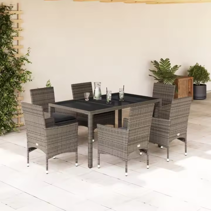 vidaXL Set comedor jardín 7 pzas y cojines ratán sintético vidrio gris - 1