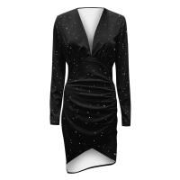 Vestido Elegante Para Mujer De Midi Con Cuello En V Manga Larga Y Aterciopelado Para Fiesta De Noche Y Banquete Vestido De Cocodrilo Con Abertura En La Pierna - details 5