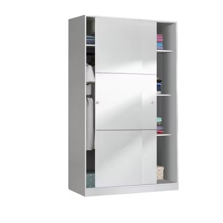 Meimon Armario de 2 puertas correderas con diseño moderno en blanco brillo, equipado con barra de colgar aluminio extraíble, guías ABS para puertas, soportes metálicos para estantes, tiradores ABS, molduras adhesivas gris mate aluminio - 1
