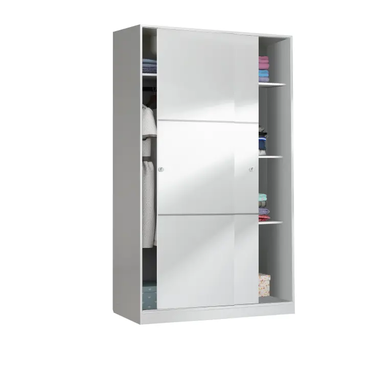 Meimon Armario de 2 puertas correderas con diseño moderno en blanco brillo, equipado con barra de colgar aluminio extraíble, guías ABS para puertas, soportes metálicos para estantes, tiradores ABS, molduras adhesivas gris mate aluminio - 1