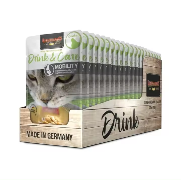 Pack 20X40 Gr - Leonardo Drink & Care Mobility Sopa con Pollo en Sobres para Gatos - Alimento complementario para gatos adultos - Promueve la ingesta de líquidos y la salud articular - 1