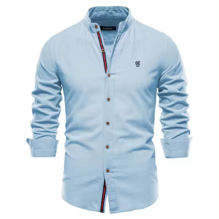 MOV-Camisa delgada de primavera y verano, camisa de manga larga de color sólido de negocios de moda para hombres de estilo japonés informal de algodón y lino para hombres (talla de EE. UU.) - 1