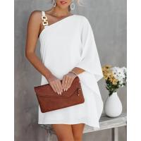 Vestido De Hombros Descubiertos Para Mujer Verano Estampado Moderno Con Cuello Diagonal Y Manga Bate Con Cordón Metálico Vestido Suelto De Color Sólido Para Oficina - details 1