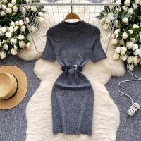 New Chic Fashion Belt Wrap Hips Sweater Dress Knitted Slim Waist Bodycon Dress for Women Elegant Office Casual above Knee - details 0