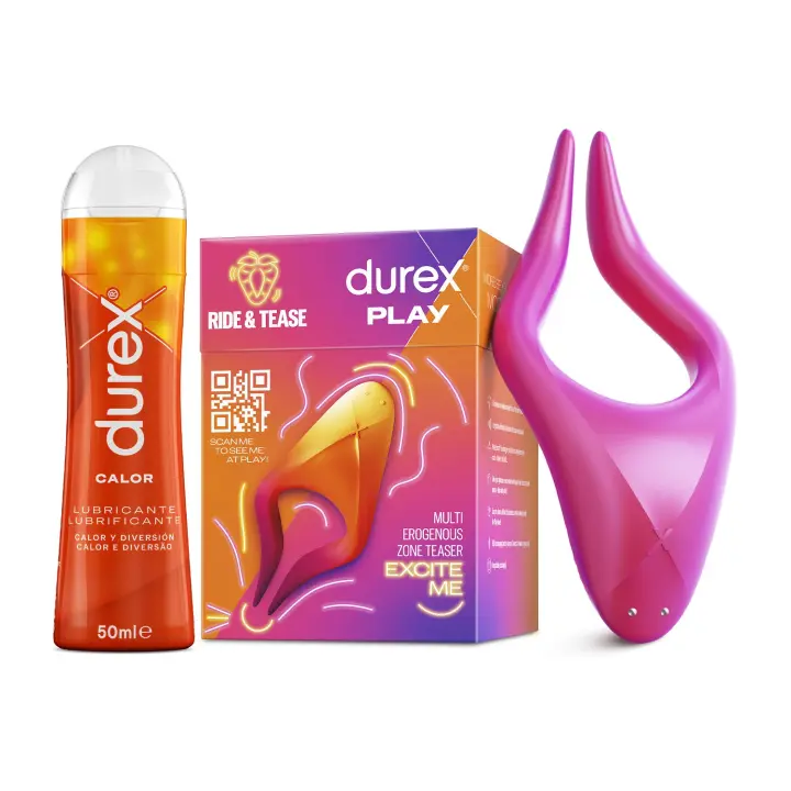 Durex Vibrador Estimulador Multi Uso RIDE & TEASE + Lubricante Efecto Calor 50 ml, Juguete Sexual para Mujer, Hombre y Pareja - 1