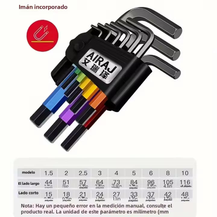 AIRAJ Juego De 9 Piezas Llaves De Allen Multicolor Tipo L Herramienta Universal Con Brazo Corto De Acero Cromo Vanadio - 1