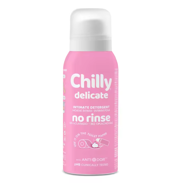 Chilly - Espuma de Higiene Íntima Fórmula Delicada Sin Aclarado, 100 ml, Limpieza Suave y Práctica para Uso Fuera de Casa, Limpieza Respetuosa, Efecto Calmante con Aloe y Hamamelis - 1