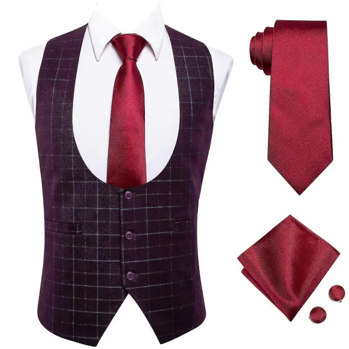 Luxury Jacquard Purple Gold Paisley Silk Men's Vest Necktie Set Navy Blue Burgundy Waistcoat Tie Hanky Cufflinks For Men - 1