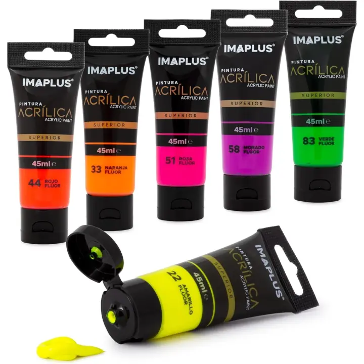 Quijote Paper World - IMAPLUS Pintura Acrílica 6 X 45 Ml - Pack Pinturas, 45 Colores, 6 Tubos - No Tóxica - Manualidades, Lienzos, Tela, Madera - PACK BASICOS, PASTEL, METALIZADOS, FLUOR Y PERSONALIZADOS - Versatilidad Creativa - 1