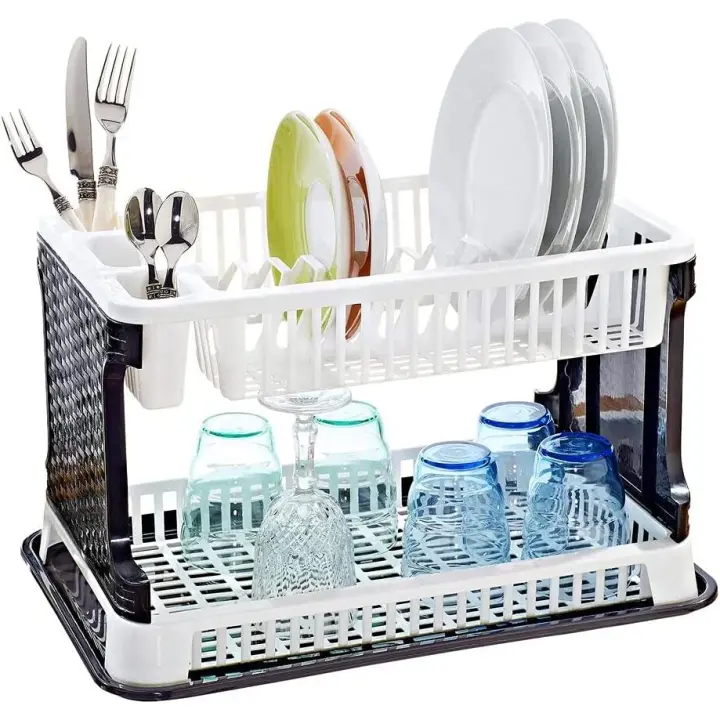 STARLEY- Escurreplatos y Vasos - 2 Niveles - Escurridor Platos Rattan Plastico Fregadero, 43x25x27 cm,Escurridor Platos Bandejas Plástico Multifuncional Platos Vasos Muebles Cocina Ahorro De Espacio Ventaja De Drenaje - 1