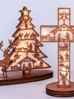 3pcs Adornos Navideños En Forma De Árbol De Navidad Luminoso Escena De La Natividad De Madera Con Ovejas Y Corderos Decoración De Fiesta - details 1