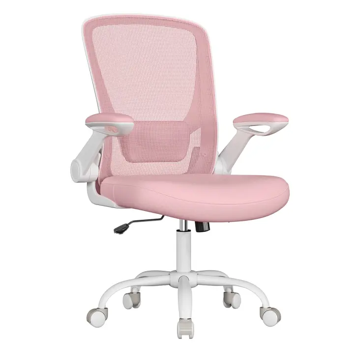 Silla de escritorio ergonómica giratoria con soporte lumbar, malla, apoyabrazos abatibles, oscilante, asiento de 53 cm, en azul niebla, gris paloma, rosa jalea - 1