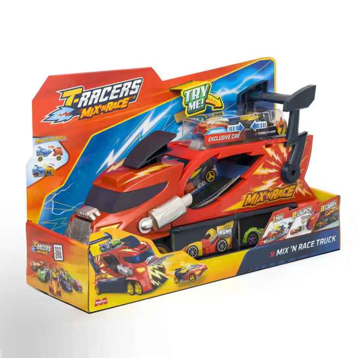 Camion Thunder TruckT-Racers Mix ‘N Race transporta y lanza coches incluye coche exclusivo. 23x35x12cm (Magic Box PTRSP114IN10) - 1