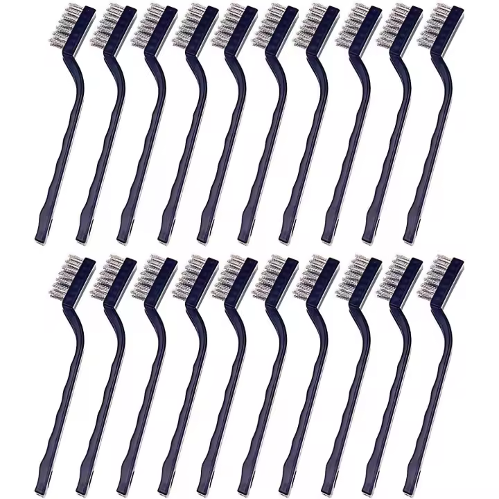 Juego de 20 mini cepillos de cerdas de alambre de acero inoxidable con mango para limpiar escoria de soldadura, manchas y óxido (plata) - 1