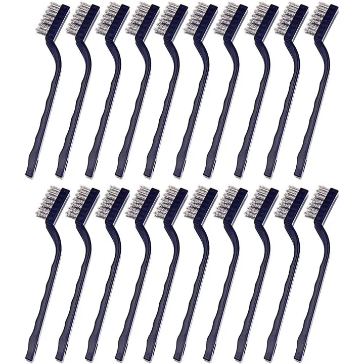 Juego de 20 mini cepillos de cerdas de alambre de acero inoxidable con mango para limpiar escoria de soldadura, manchas y óxido (plata) - 1